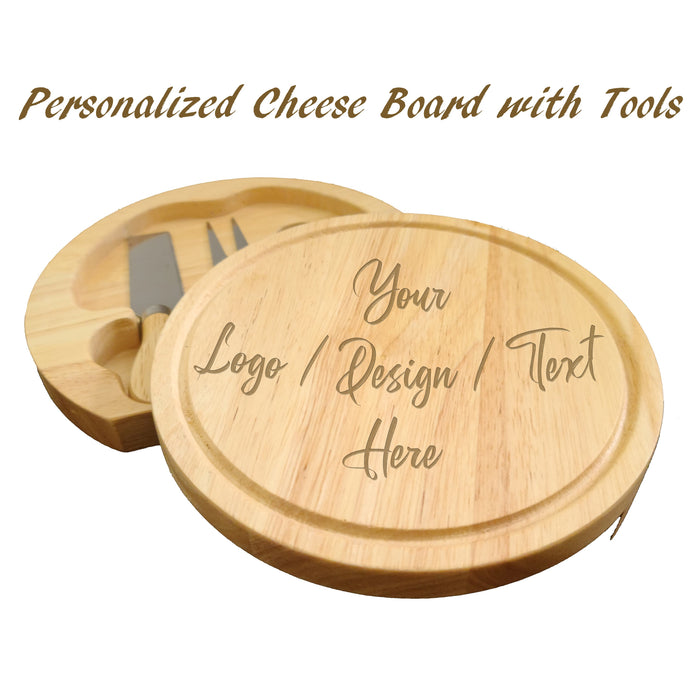 Personalized Round Wine & Cheese Tool Set with Serving Top – Custom Engraved Cheese Board for Weddings, Housewarming, Mother’s Day & Home Entertaining