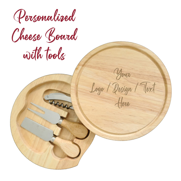 Personalized Round Wine & Cheese Tool Set with Serving Top – Custom Engraved Cheese Board for Weddings, Housewarming, Mother’s Day & Home Entertaining