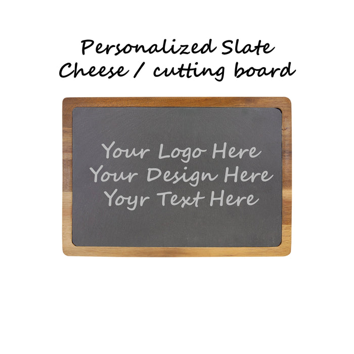 Personalized Slate and Acacia Wood Cutting Board – Custom Engraved Cheese & Serving Board, 13x9 Inches