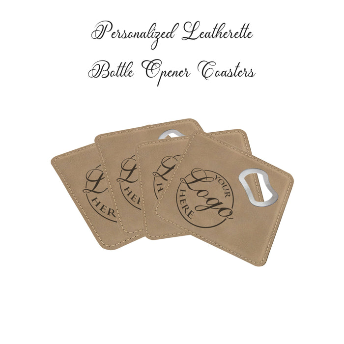 Personalized 4”x4” Square Leatherette Bottle Opener Coaster – Custom Engraved Water-Resistant Coaster with Built-In Bottle Opener