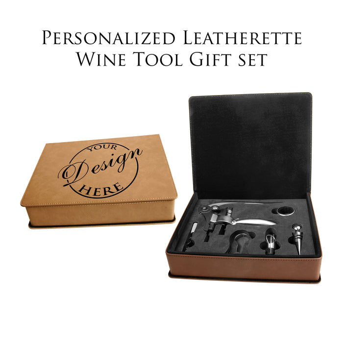 Personalized 5-Piece Wine Tool Set with Custom Leatherette Storage Box – Engraved Wine Accessories