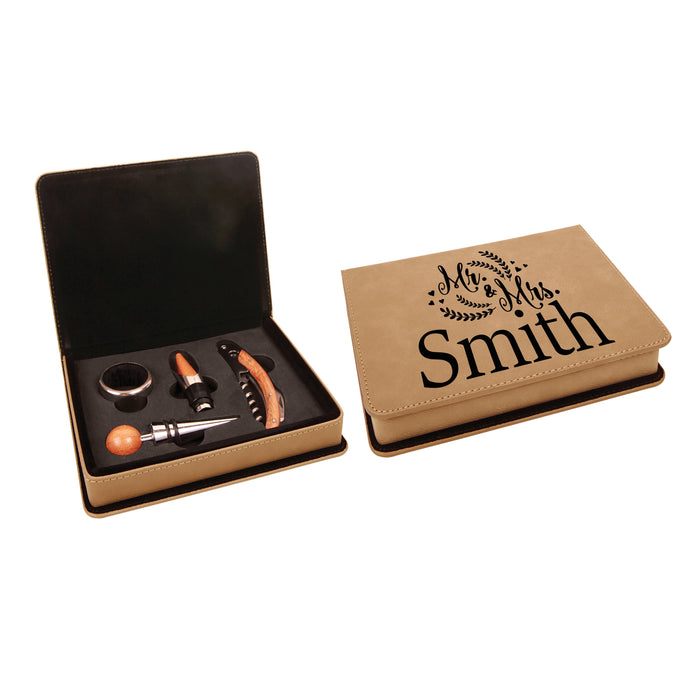 Personalized 4-Piece Wine Tool Set with Custom Leatherette Storage Box – Engraved Wine Accessories