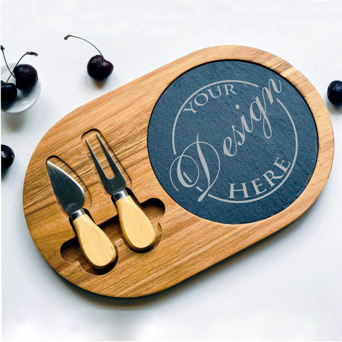 Custom Engraved Acacia Wood and Slate Serving Board Set – Personalized Oval Cheese Board with Tools | Ideal Wedding, Housewarming, and Anniversary Gift