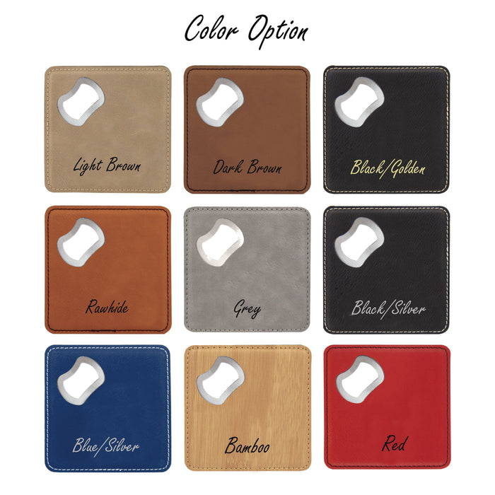 Personalized 4”x4” Square Leatherette Bottle Opener Coaster – Custom Engraved Water-Resistant Coaster with Built-In Bottle Opener