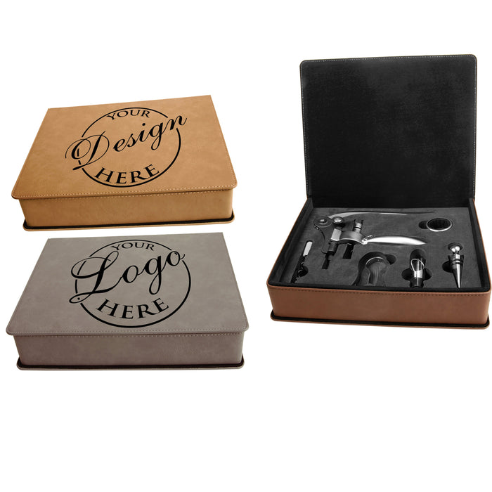 Personalized 5-Piece Wine Tool Set with Custom Leatherette Storage Box – Engraved Wine Accessories