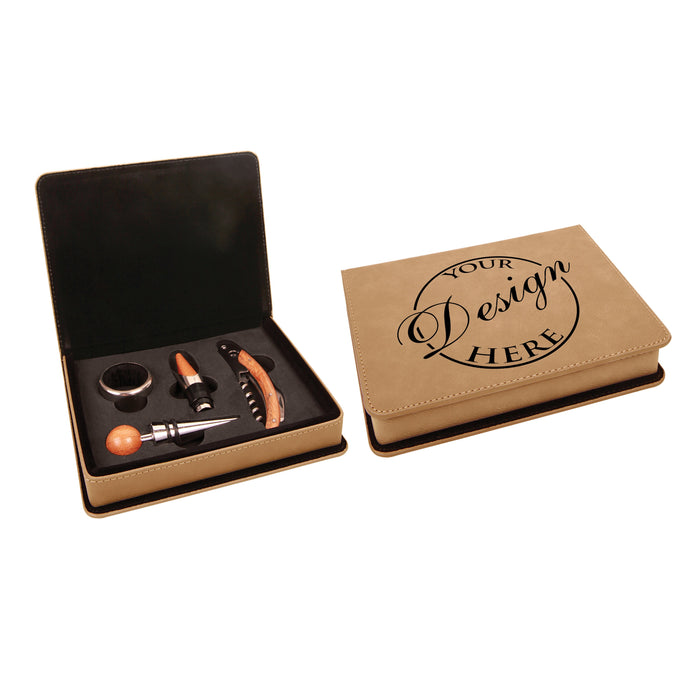 Personalized 4-Piece Wine Tool Set with Custom Leatherette Storage Box – Engraved Wine Accessories