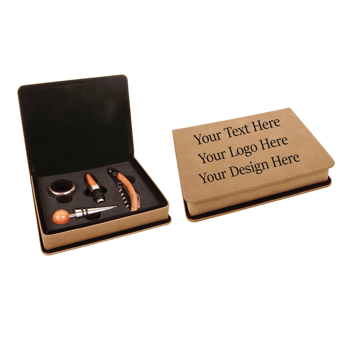 Personalized 4-Piece Wine Tool Set with Custom Leatherette Storage Box – Engraved Wine Accessories