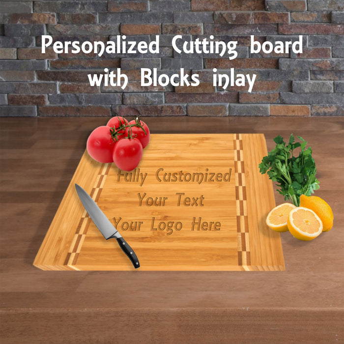 Custom Engraved Bamboo Cheese Board with Butcher Block Inlay – Personalized Cutting Board & Eco-Friendly Housewarming Gift