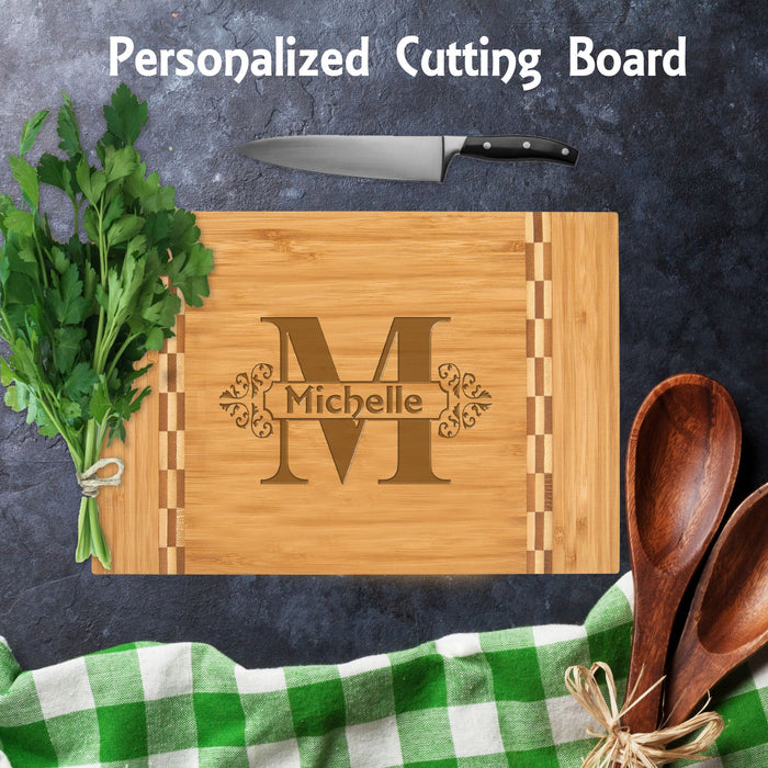 Custom Engraved Bamboo Cheese Board with Butcher Block Inlay – Personalized Cutting Board & Eco-Friendly Housewarming Gift