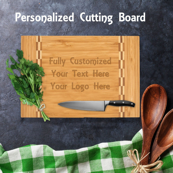Custom Engraved Bamboo Cheese Board with Butcher Block Inlay – Personalized Cutting Board & Eco-Friendly Housewarming Gift