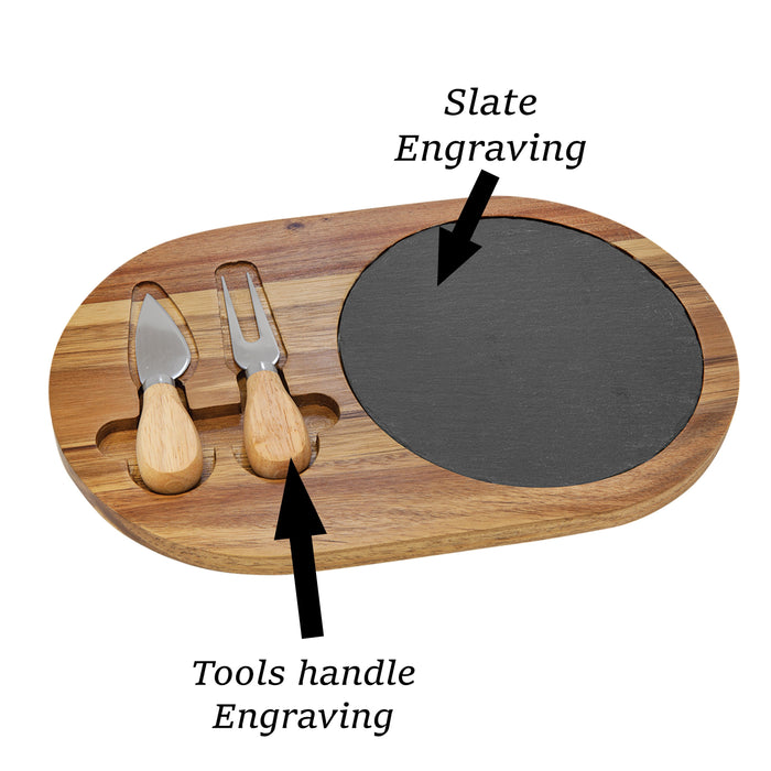 Custom Engraved Acacia Wood and Slate Serving Board Set – Personalized Oval Cheese Board with Tools | Ideal Wedding, Housewarming, and Anniversary Gift