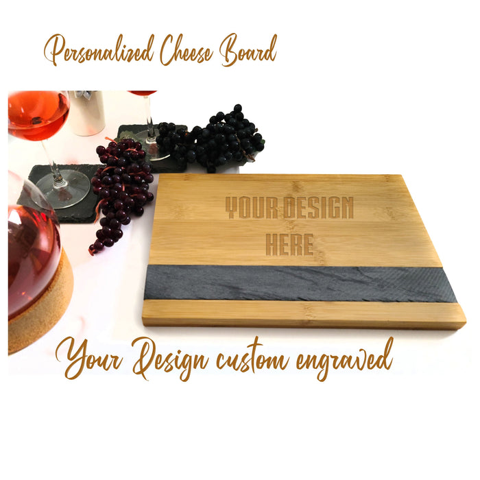 Personalized Bamboo Cheese Board, Custom Engraved Cheese Board, Mothers Day House warming gifts, Logo engraved cheese board with slate.