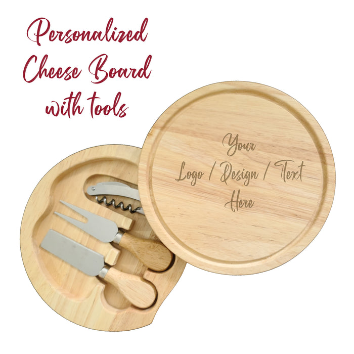 Customized Round Wine and Cheese Tool Set with Top Serving, Personalized Gifts for couples, Wedding Gifts, Mothers Day Gifts, Cheese Board