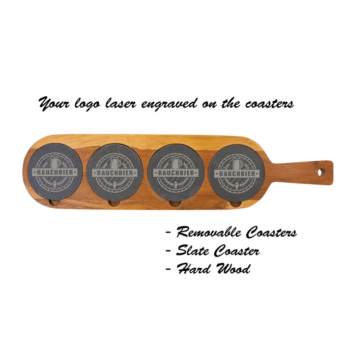 Personalized 18 1/2" Acacia Wood & Slate Serving Board with Handle and Removable Coasters