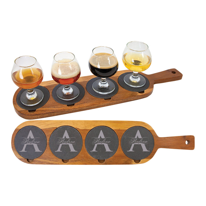 Personalized 18 1/2" Acacia Wood & Slate Serving Board with Handle and Removable Coasters