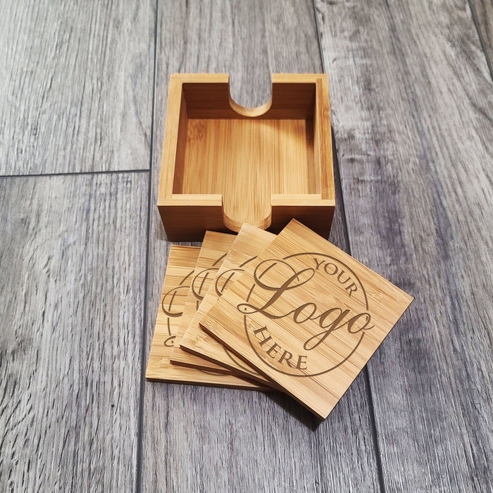 Set of 4 Personalized Custom Wooden Square Coasters | Engraved Wooden Coasters with Custom Text | Engraved Thin Personalized Wooden Coasters