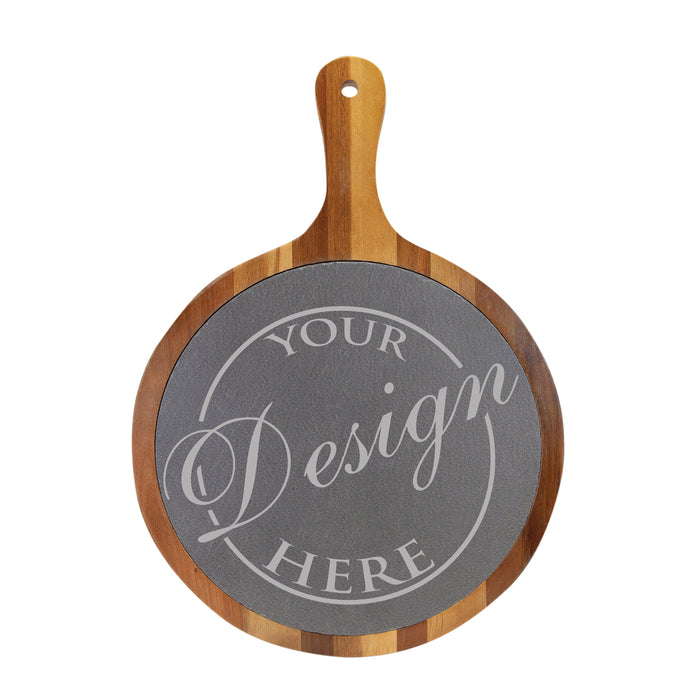 Personalized Round Acacia Wood & Slate Bread Board with Handle – Custom European Serving Board for Weddings, Housewarming, and Special Occasions