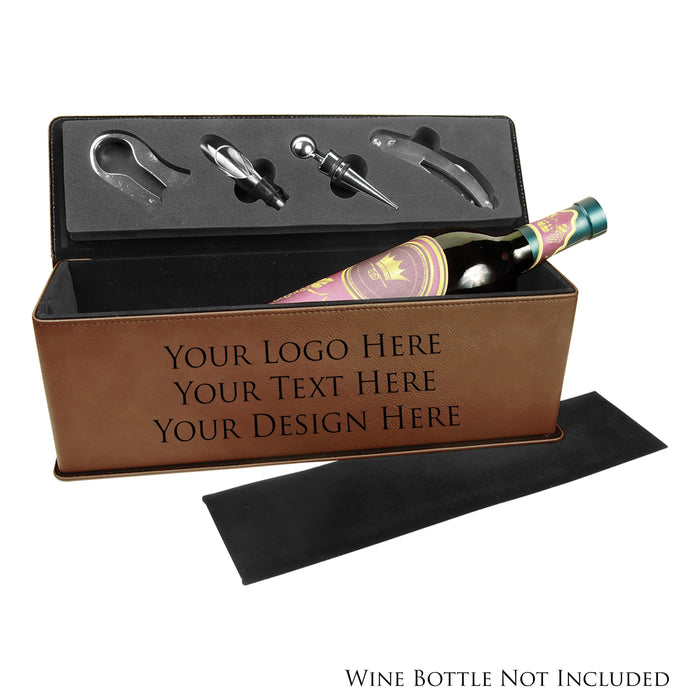 Custom Engraved Single Wine Presentation Box | Personalized Leatherette Single Wine Box with Tools | Leather Wine Box with Customization