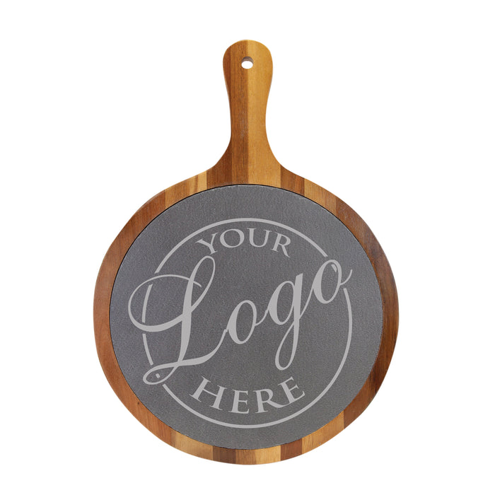 Personalized Round Acacia Wood & Slate Bread Board with Handle – Custom European Serving Board for Weddings, Housewarming, and Special Occasions