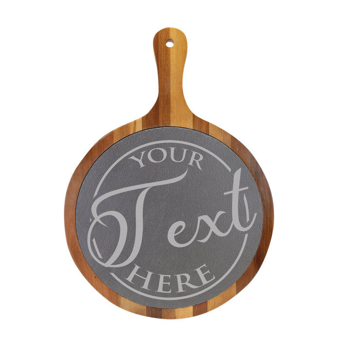 Personalized Round Acacia Wood & Slate Bread Board with Handle – Custom European Serving Board for Weddings, Housewarming, and Special Occasions