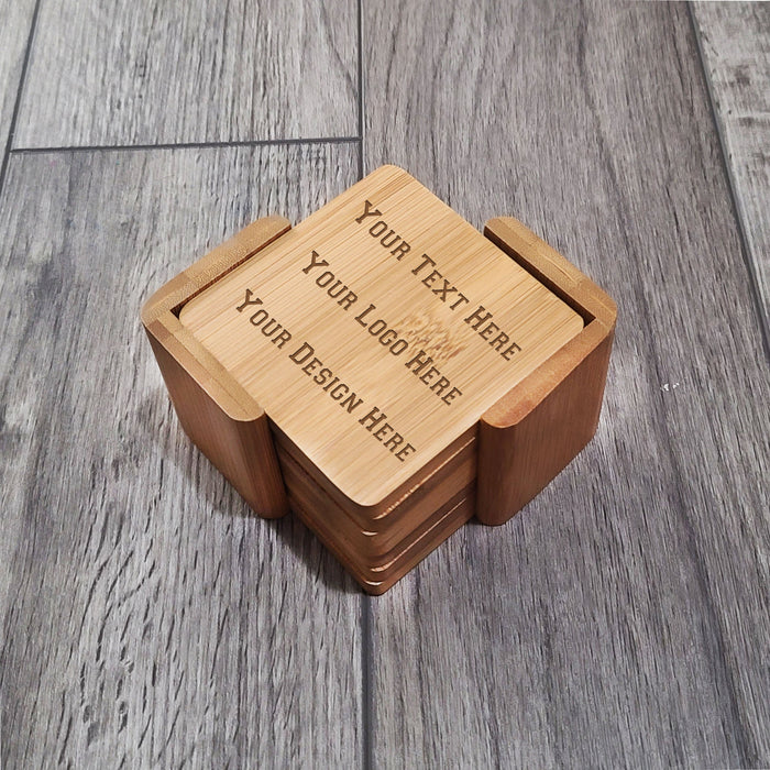 Set of 6 Personalized Custom Wood Square Coasters | Engraved Wooden Coasters | Your Custom Text | Thin Personalized Engraved Wooden Coasters