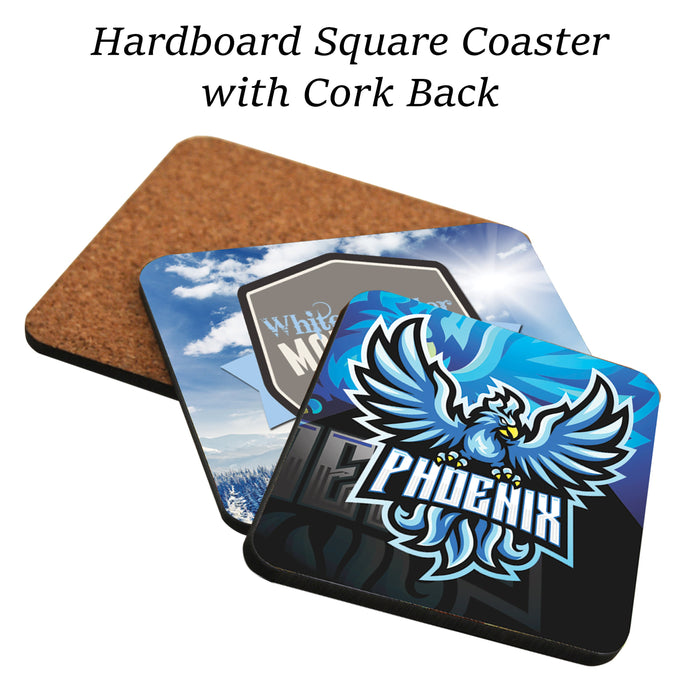 Customizable Unique Personalized Hardboard Coasters | Custom Hardboard Square Coaster | Full Color Sublimation Square Coaster with Cork Back