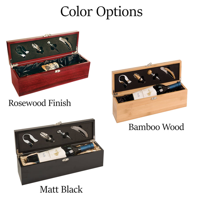 Personalized Wine Bottle Box with Tools – Custom Engraved Matte Black, Rosewood, or Bamboo