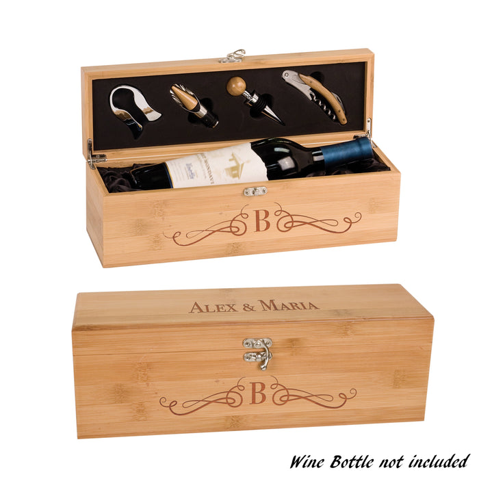 Personalized Wine Bottle Box with Tools – Custom Engraved Matte Black, Rosewood, or Bamboo