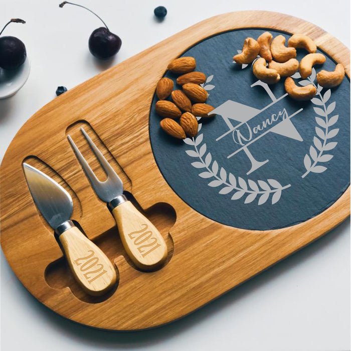 Custom Engraved Acacia Wood/Slate Serving Board with Two Tools | Personalized Oval Cheese Set with Two Tools | Monogram Wooden Serving Board
