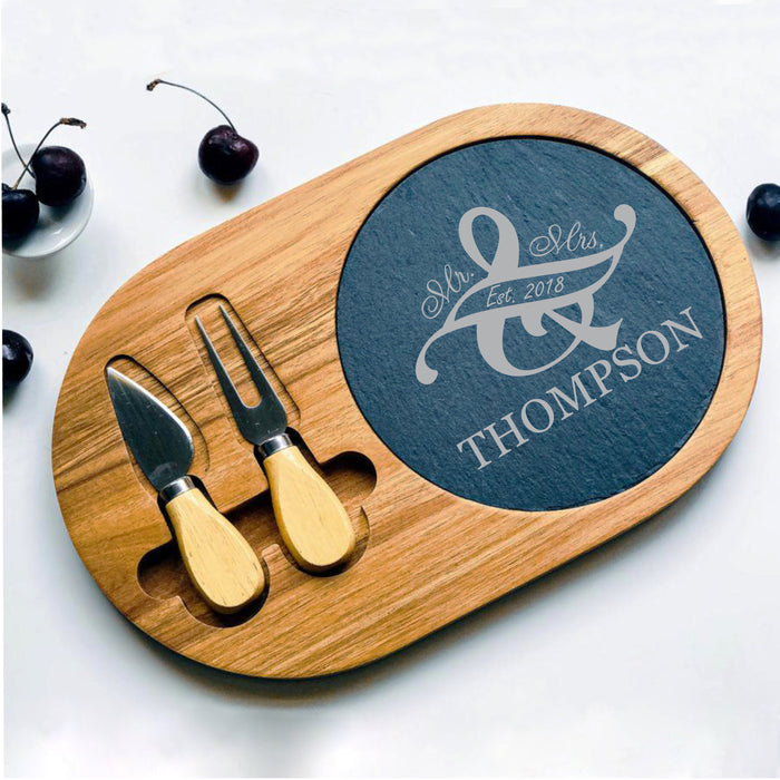 Custom Engraved Acacia Wood/Slate Serving Board with Two Tools | Personalized Oval Cheese Set with Two Tools | Monogram Wooden Serving Board