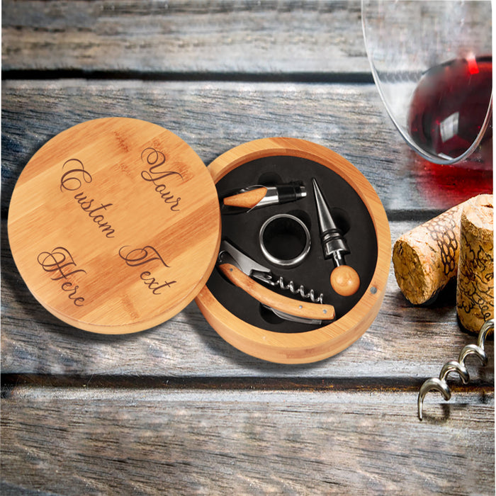 Engraved Wooden Custom Wine Accessories Gift Set | Personalized Wine Tool Set Housewarming Gift | Bamboo Wooden Wine Tool Set | Eco Friendly